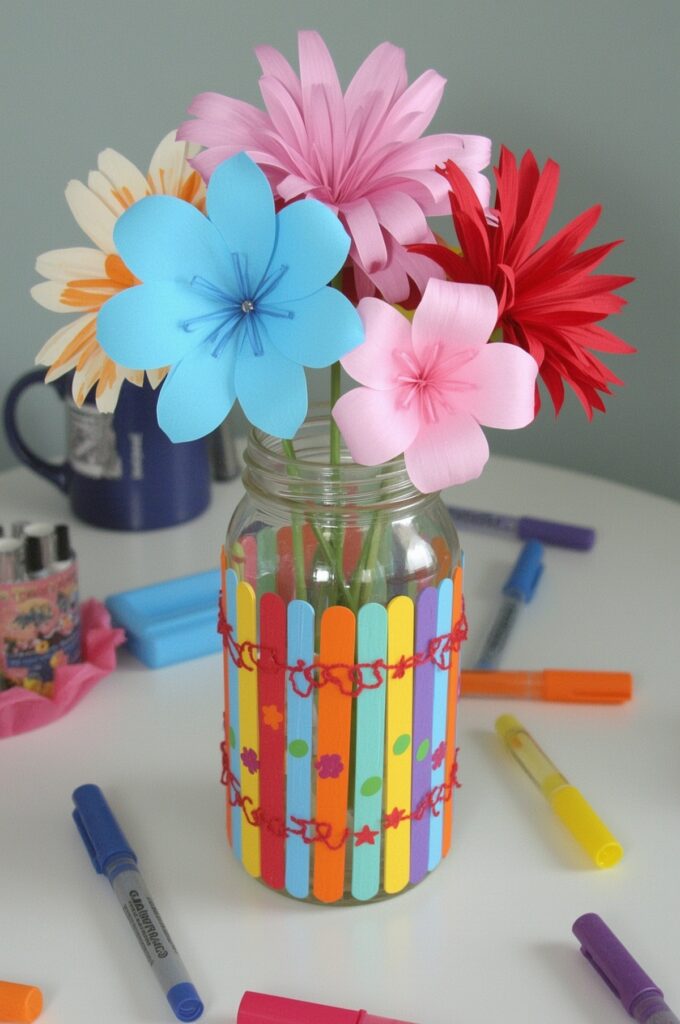 Popsicle Stick Vase with Paper Flowers