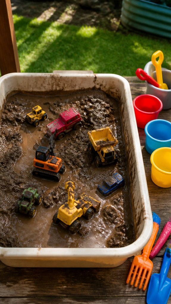 toy vehicles in muddy water